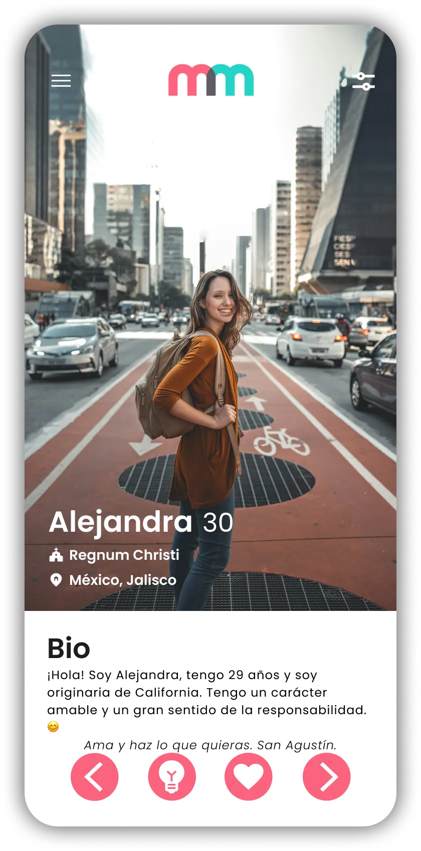 Pantalla principal de la app mostrando un perfil